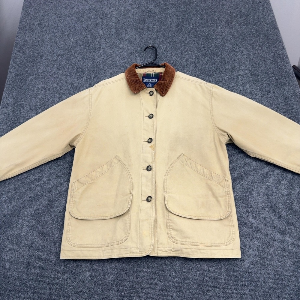Vintage Lands End Barn Jacket Womens L Beige Cotton Corduroy Collar Chore Style